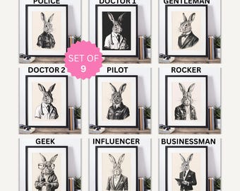 Set of 9 Bunny Prints, Easter Nursery Wall Art Kids Room Decor Cute Bunny Printables, Instant Download Easter Prints Last Minute Easter Gift
