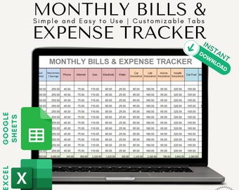 Easy to Use Bills and Expense Tracker, Finances Spreadsheet, Excel or Google Sheets, Monthly Personal Spending Tracker, Instuctions Included