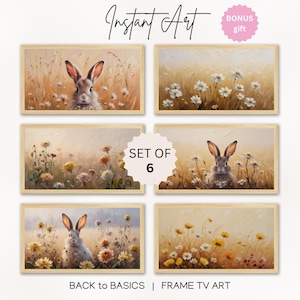 Lot de 6 lapins et fleurs, cadre pour télévision, téléchargement numérique de Pâques | Téléviseur Samsung Frame Spring | Affichage numérique d'art saisonnier, décoration murale
