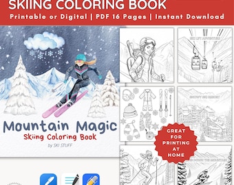 Bergzauber Skiing Malbuch, 16 druckbare Winter Designs, sofortiger Download für Kinder & Erwachsene, digitaler Urlaubsspaß und Entspannung DIY