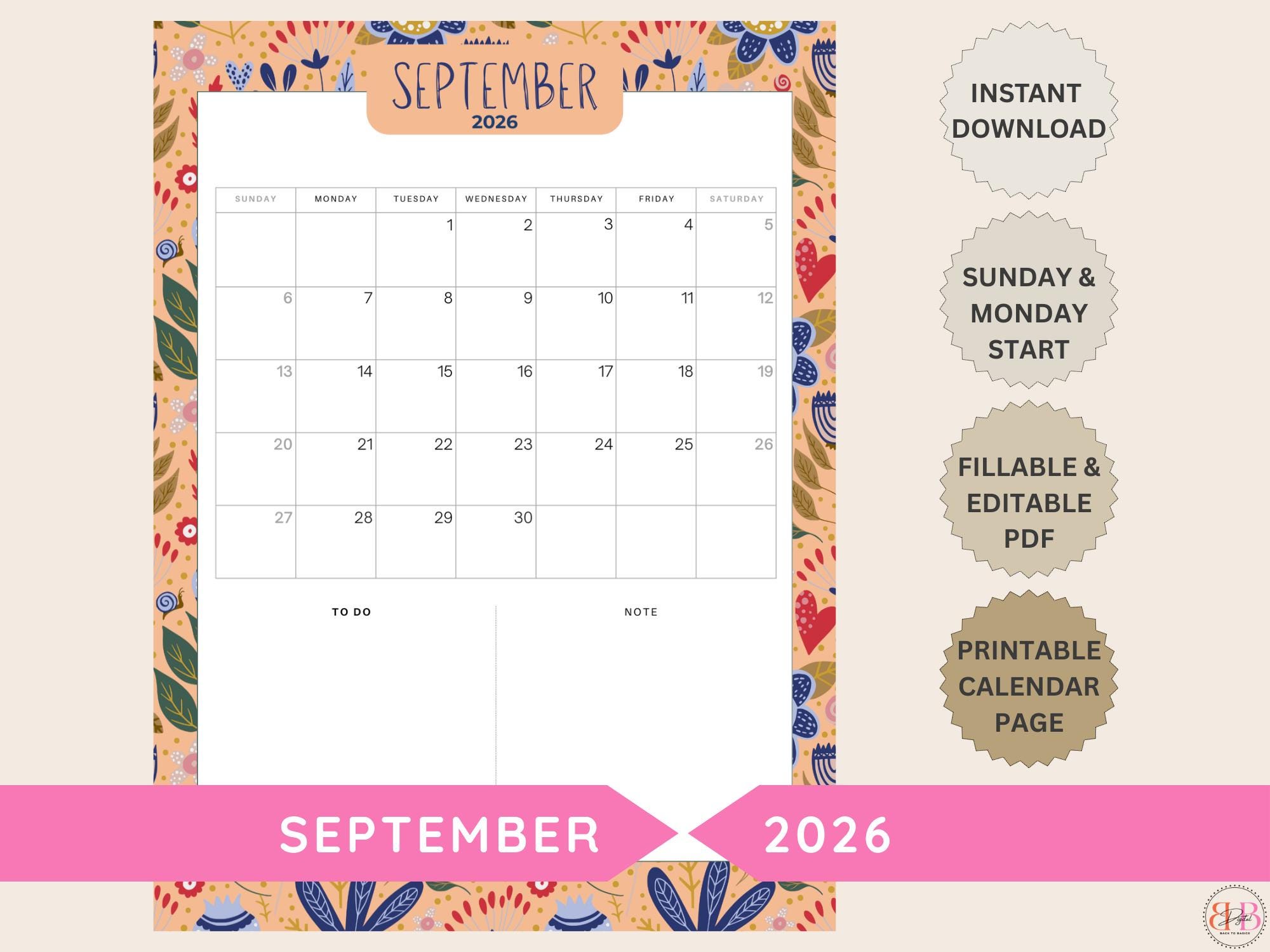 Editable SEPTEMBER 2026 Monthly Calendar Page - iPad & Print-at-home