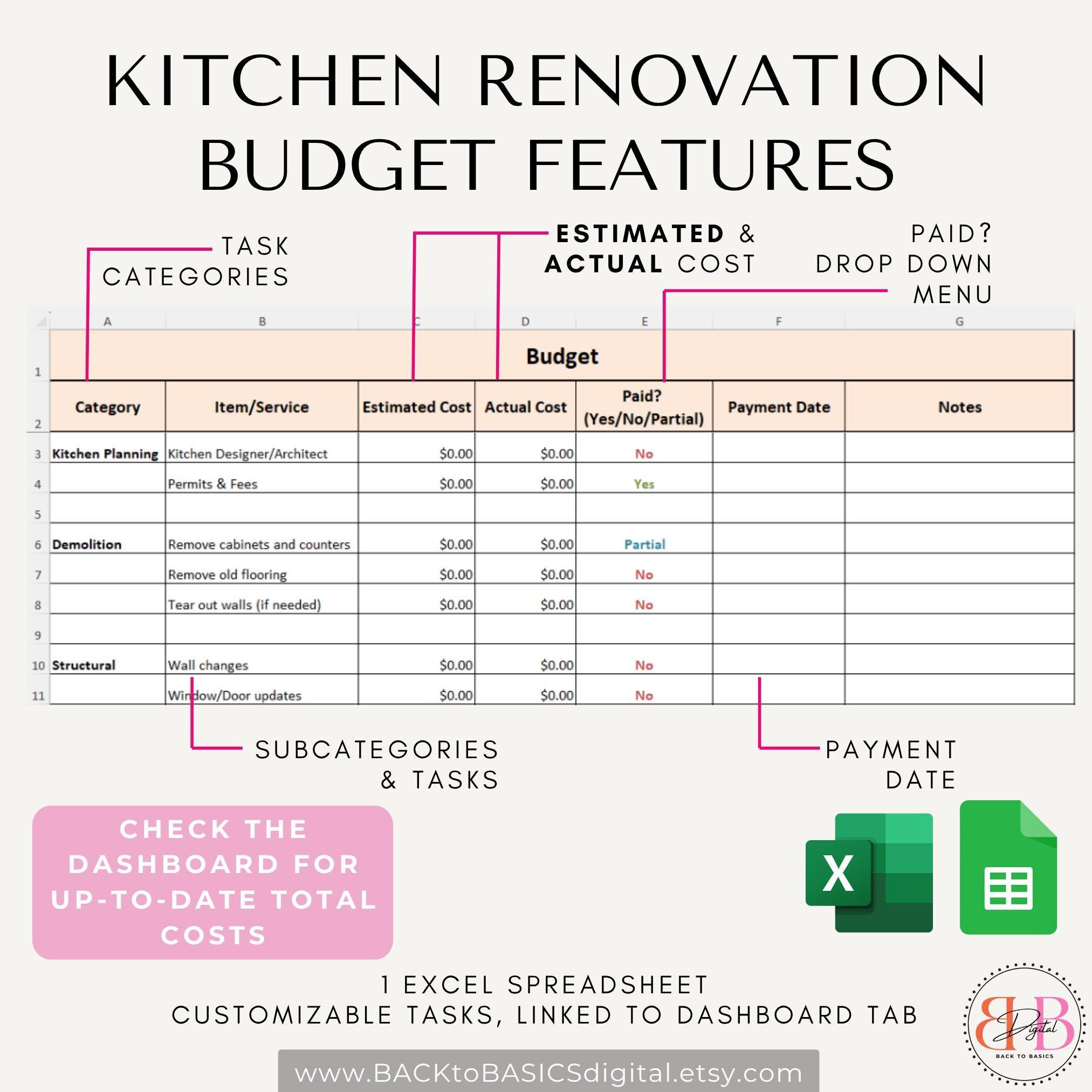 Kitchen Conversion Excel Kitchen Renovation Planner Excel Spreadsheet Budget Tracker, Kitchen ...
