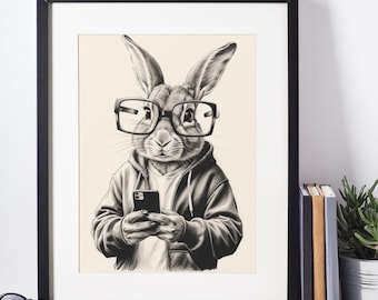 Geek Bunny Digital Art – Cute Nerdy Rabbit Wall Print, Trendy Instant Download, Bunny Lover Gift, Geek Deco Digital Print, Easter Printable