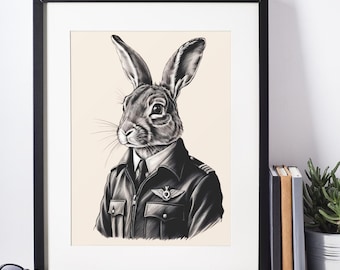 Pilot Bunny Digital Art – Cute Aviator Rabbit Wall Print, Instant Download, Easter Printable Bunny Lover Gift, Nursery & Kids Room Art