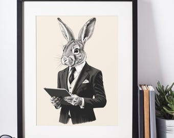 Business Bunny Digital Print – Cute Rabbit Wall Art, Office Decor, Boss Bunny Poster, Printable Easter Artwork, Instant Download Home & Work