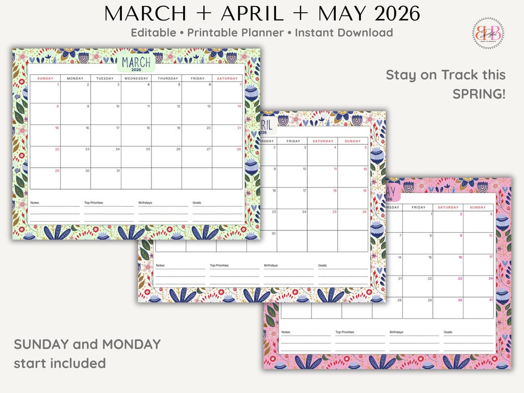 2026 Spring Calendar - Fillable, Printable Monthly Planner, Sunday ...