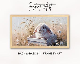 Niedliches Kaninchen mit Schleife Ölgemälde Rahmen TV Kunst Ostern Digitaler Download Frühling Rahmen TV Saisonale Kunst Digitalanzeige Häschen-Wanddekor