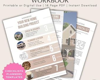 Werkboek voor woningbouw: afdrukbaar pdf-werkboek van 14 pagina's, digitale download, inclusief bonusplanners, checklists en sjablonen