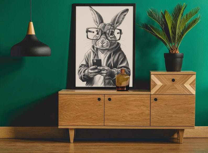 Geek Bunny Digital Art – Cute Nerdy Rabbit Wall Print, Trendy Instant ...