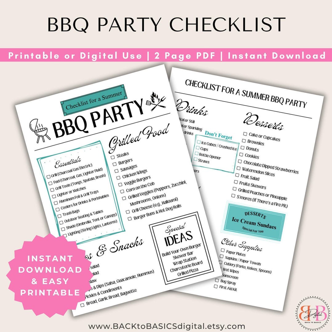BBQ Grill Party Checklist - Printable 2 Page BBQ Planner, Summer ...