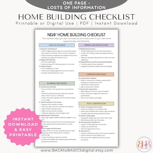 Liste de contrôle pour la construction de maisons - PDF imprimable d'une page pour les projets de construction et de rénovation de maisons, guide essentiel à télécharger