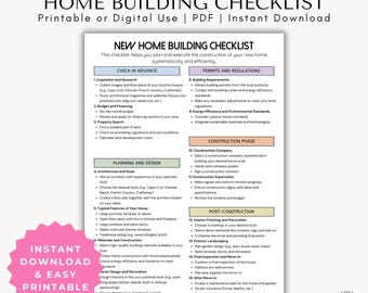 Home Building Checklist - 1-Page Printable PDF for Home Build & Home Renovation Projects,  Essential Guide Digital Download