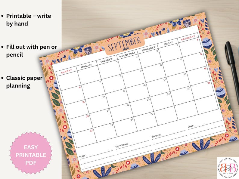 2026 Fall Calendar - Fillable, Printable Monthly Planner, Sunday ...