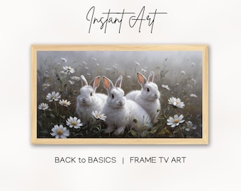 Easter Bunnies and Wildflowers TV Art Digital Download | Spring Samsung Frame TV Widescreen Easter Decor | Bunny Art for Digital Display