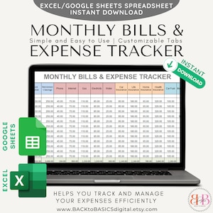 Easy to Use Bills and Expense Tracker, Finances Spreadsheet, Excel or Google Sheets, Monthly Personal Spending Tracker, Instuctions Included