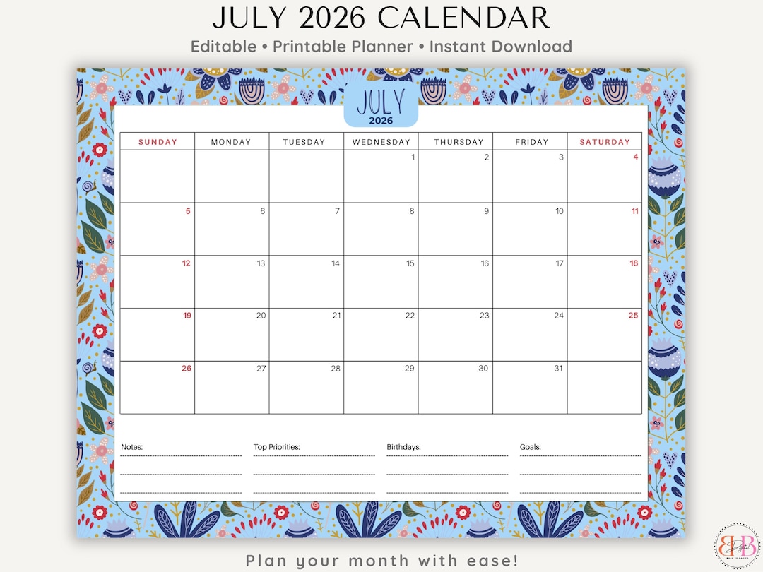 2026 July Calendar - Fillable, Printable Monthly Planner, Sunday