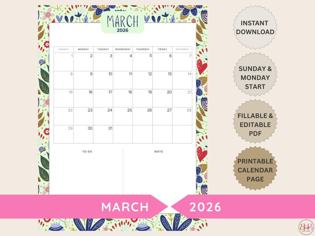 Editable MARCH 2026 Monthly Calendar Page - iPad & Print-at-home ...