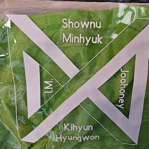May include: A green plastic bag with a white logo featuring the names of the members of the K-pop group "i.M." The logo is a white triangle with the names "Shownu", "Minhyuk", "Joohoney", "Kihyun", and "Hyungwon" written inside.