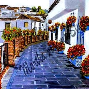 Greek Street Scene Art Print: Martha Adams Oil Painting, Floral Decor