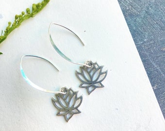Sterling silver lotus earrings, dangle earrings, flower earrings