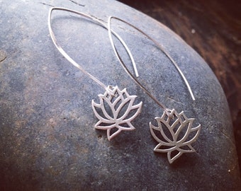 Delicate sterling silver lotus earrings, silver dangle earrings