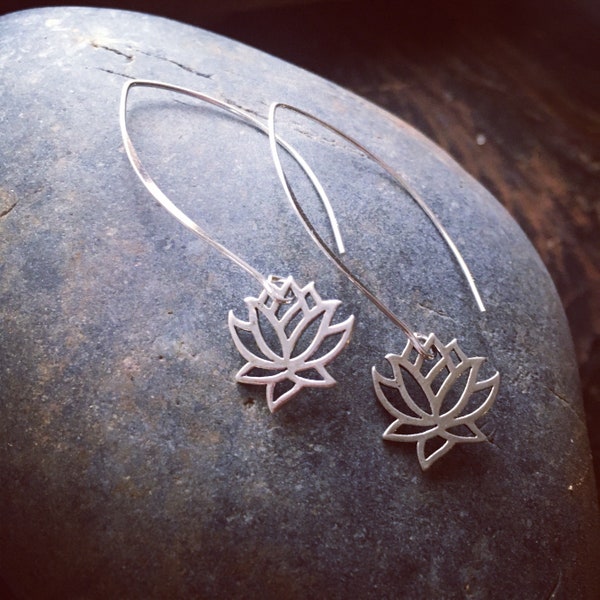 Delicate sterling silver lotus earrings, silver dangle earrings