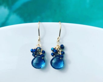 Navy blue gold earrings, bridesmaid earrings, smaller earrings