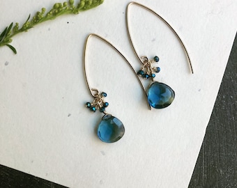 Dark blue drop gold earrings, London blue quartz earrings,