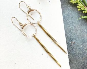 Gold hoop and spike earrings, long spike earrings, handmade jewelry