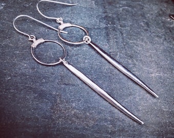 Sterling silver hoop and spike earrings, long spike earrings