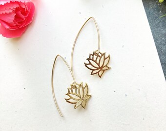 Gold lotus earrings, gold dangle earrings