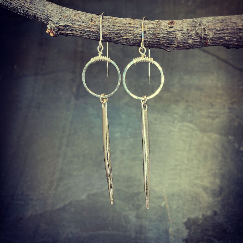 Sterling silver hoop and spike earrings, long spike earrings image 3