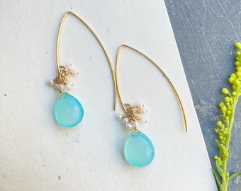 Gold aqua blue drop earrings, gemstone earrings, aqua chalcedony, avant-garde earrings