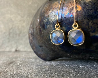 Labradorite drop gold earrings, bezel set gemstone, blue flash labradorite