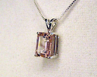 Pink Emerald Cut Moissanite Pendant, Sterling Silver, Diamond Alternative Jewelry