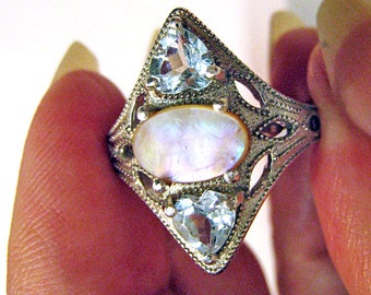 Vintage style AQUAMARINE and ABALONE shell ring * size 7 ring * tolpa * gifts for her * mothers day * valentine * made in USA * tiny hearts