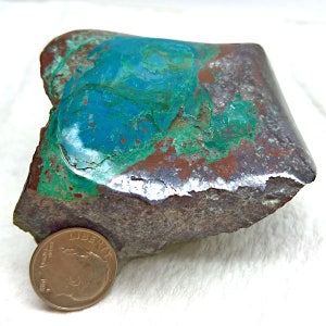 May include: A large, rough, green and brown gemstone with a smooth, turquoise-colored surface. The gemstone is about the size of a US dollar coin.