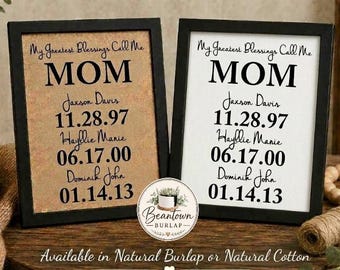 May include: Two rectangular black frames containing personalized prints. The text reads: My Greatest Blessings Call Me MOM, followed by the names Jaxson Davis, Hayllie Marie, and Dominick John with their respective birth dates 11.28.97, 06.17.00, and 01.14.13.
