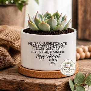 May include: A white ceramic planter containing a green succulent, featuring black text that reads: NEVER UNDERESTIMATE THE DIFFERENCE YOU MADE AND THE LIVES YOU TOUCHED, Happy Retirement, Audrey, 2026. The planter sits on a round wooden base.