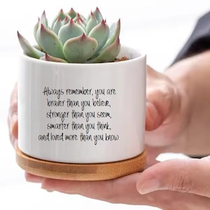 May include: A white ceramic planter with a succulent plant, resting on a wooden coaster. The planter has the text "Always remember, you are braver than you believe, stronger than you seem, smarter than you think, and loved more than you know."