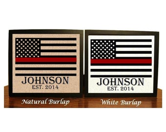 Thin Red Line, Family Name Burlap Print, Firefighter Gift Print, Fireman Sign, Firemen Decor, American Flag, Firefighter Family