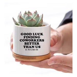 May include: White ceramic succulent planter with a bamboo base. The planter has black text that reads "Good Luck Finding Coworkers Better Than Us. P.S. We'll Miss You."