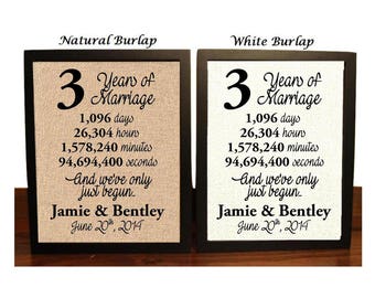 May include: Two framed burlap signs with black frames. The signs are identical except for the color of the burlap. One sign is natural burlap and the other is white burlap. Both signs feature the number 3, the text "Years of Marriage", and a countdown of time in days, hours, minutes, and seconds. The signs also include the text "And we've only just begun..." and the names "Jamie & Bentley" along with the date "June 20th, 2014".