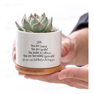May include: White ceramic succulent planter with a wooden base. The planter has the text "Stella You are Amazing You are Important You make a Difference You are Incredibly Appreciated (You are a rare find thank you for being you!" printed on it.