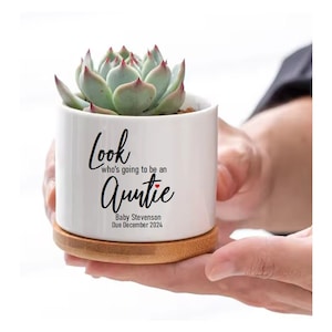 May include: White ceramic succulent planter with a bamboo base. The planter has black text that reads "Look who's going to be an Auntie Baby Stevenson Due December 2024".