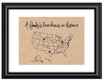 A Family's love Know no Distance | Mothers Day Gift for Mom from Daughter | Gift for Mom & Dad | Long Distance Family Map | Two State Family