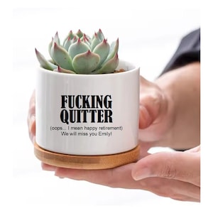 May include: White ceramic planter with a succulent plant inside. The planter has the text "FUCKING QUITTER (oops... I mean happy retirement) We will miss you Emily!" printed on it.