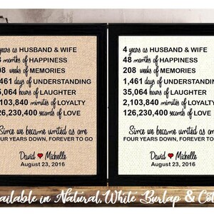 May include: A burlap and cotton sign with black text that reads "4 years as Husband & Wife, 48 months of Happiness, 208 weeks of Memories, 1,461 days of Understanding, 35,064 hours of Laughter, 2,103,840 minutes of Loyalty, 126,230,400 seconds of Love. Since we became united as one, Four years down, forever to go. David & Michelle, August 23, 2016".