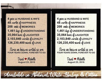 May include: A burlap and cotton sign with black text that reads "4 years as Husband & Wife, 48 months of Happiness, 208 weeks of Memories, 1,461 days of Understanding, 35,064 hours of Laughter, 2,103,840 minutes of Loyalty, 126,230,400 seconds of Love. Since we became united as one, Four years down, forever to go. David & Michelle, August 23, 2016".