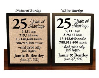 May include: Two framed burlap signs with black frames. The signs are identical except for the color of the burlap. One sign is natural burlap and the other is white burlap. Both signs feature the number 25, the words "Years of Marriage", and the text "9,131 days, 219,144 hours, 13,148,640 minutes, 788,918,400 seconds, And we've only just begun... Jamie & Bentley June 20th, 1992".